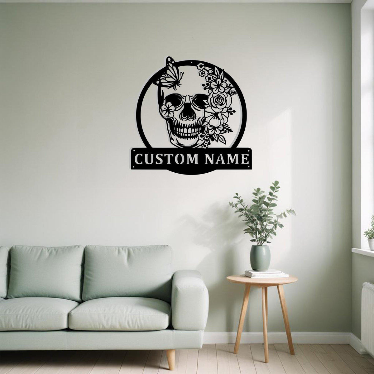 Custom Skull Flower With Butterfly Metal Sign Wall Art With Led Light Personalized Skull Name Sign Decoration For Room Skull Metal Led Decor