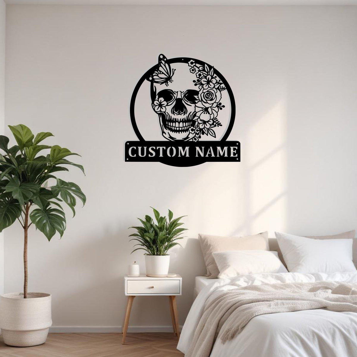 Custom Skull Flower With Butterfly Metal Sign Wall Art With Led Light Personalized Skull Name Sign Decoration For Room Skull Metal Led Decor