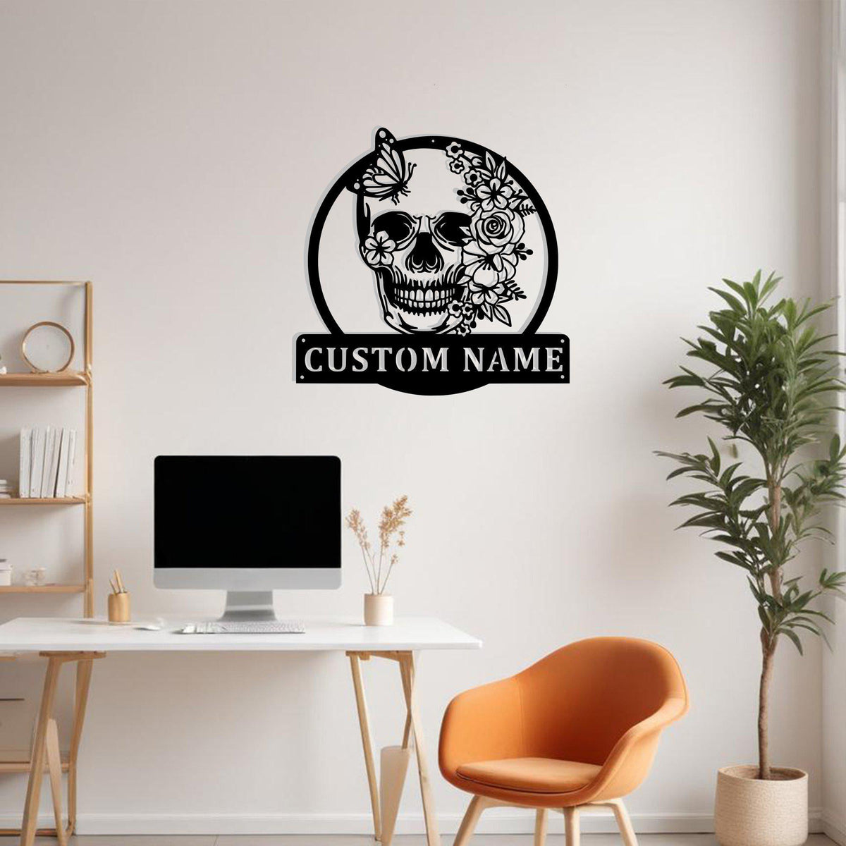Custom Skull Flower With Butterfly Metal Sign Wall Art With Led Light Personalized Skull Name Sign Decoration For Room Skull Metal Led Decor
