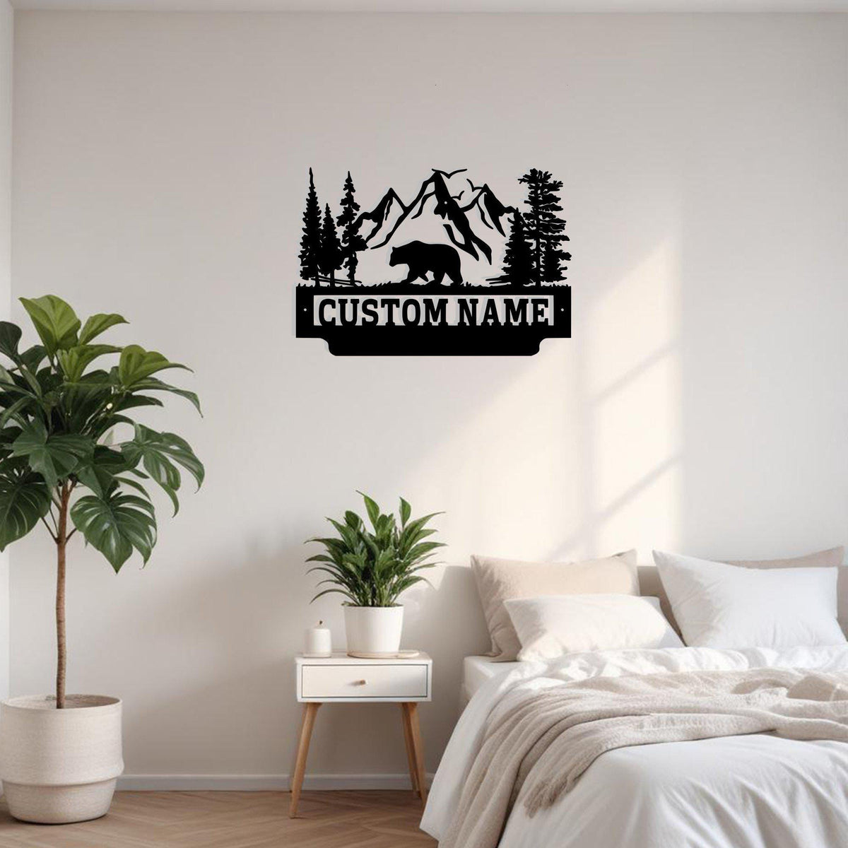 Custom Mountain Landscape Bear Metal Sign Wall Art With Led Light Personalized Bear Name Sign Decoration For Room Nature Landscape Home Decor