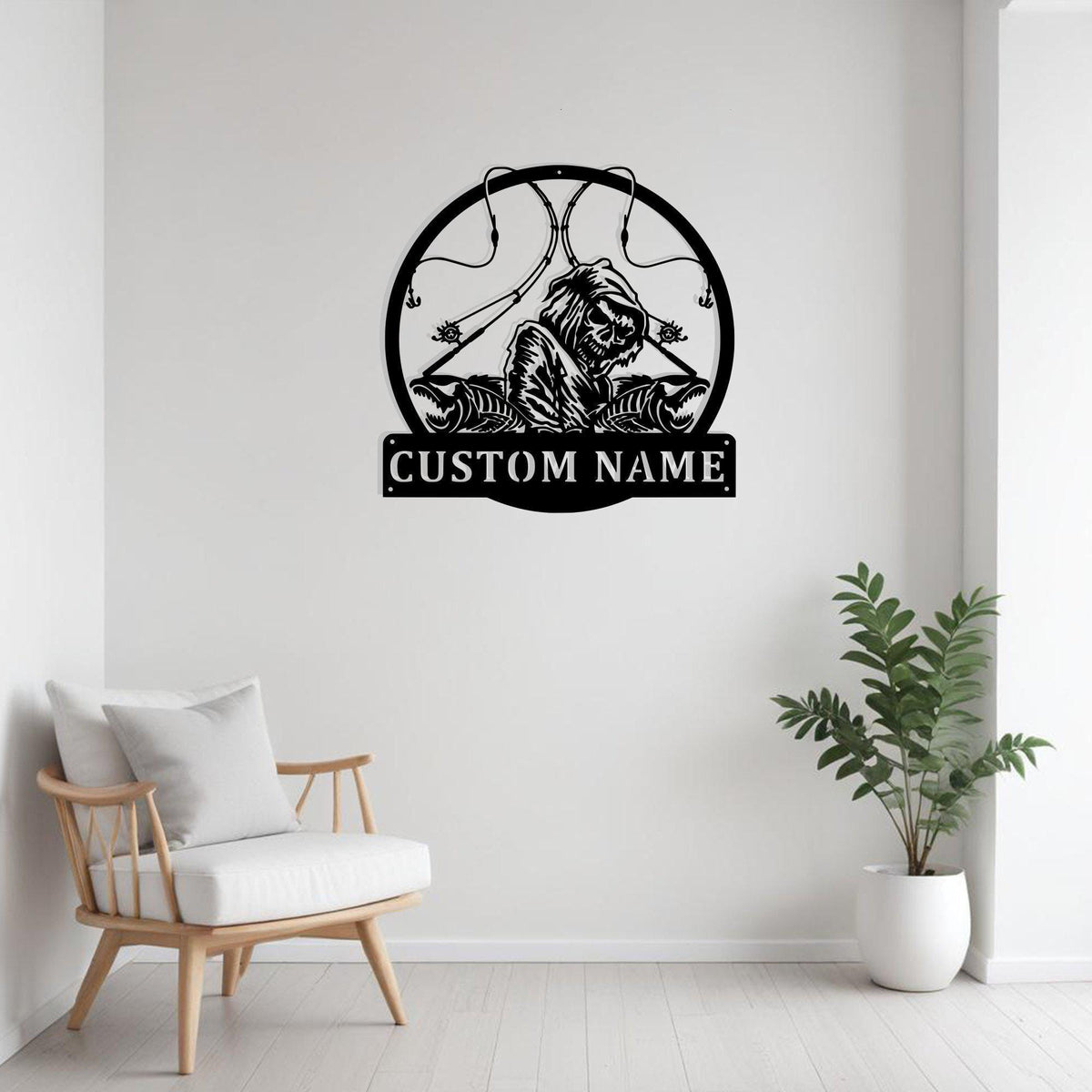 Custom Fish Reaper Skull Metal Sign Wall Art With Led Light Personalized Fisherman Name Sign Decoration For Room Fishing Metal Home Decor