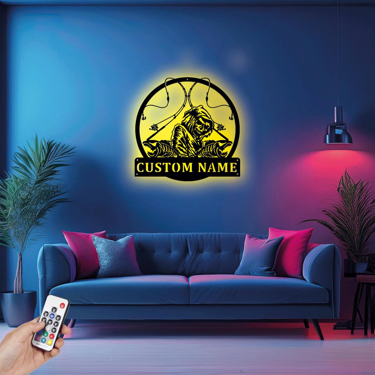 Custom Fish Reaper Skull Metal Sign Wall Art With Led Light Personalized Fisherman Name Sign Decoration For Room Fishing Metal Home Decor