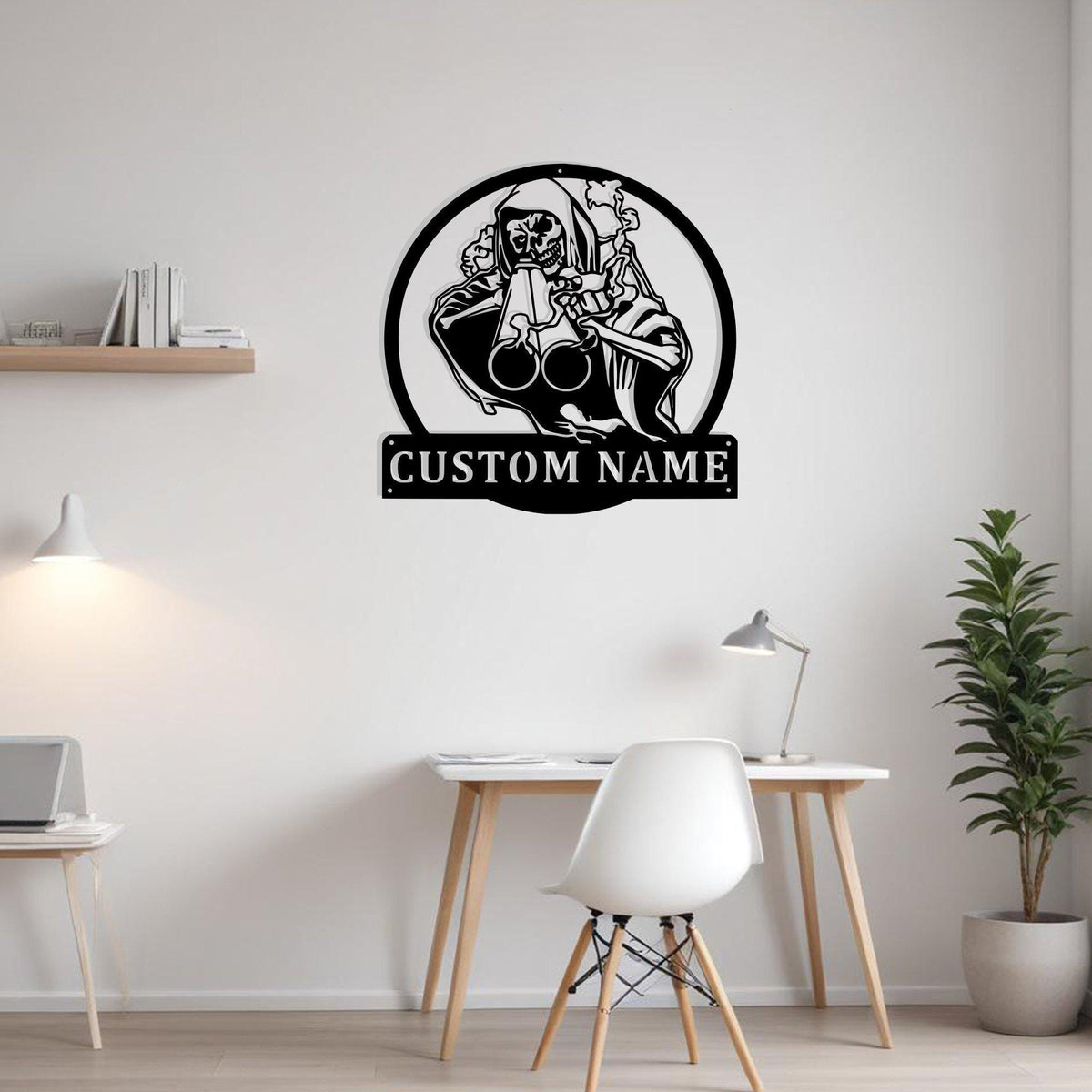 Custom Grim Reaper Shotgun Hunting Metal Sign Wall Art With Led Light Personalized Bow Hunting Decoration For Room Gothic Skull Home Decor