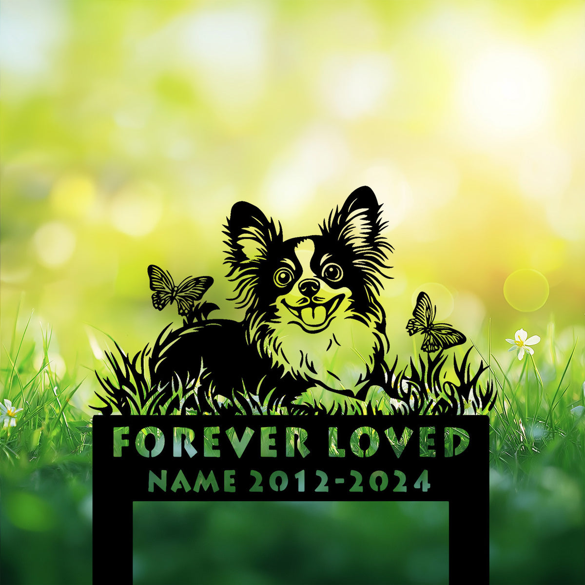 Personalized Papillon Dog Grave Marker ��� Custom Lying on Grass Memorial Stake for Pet Loss and Garden Tribute