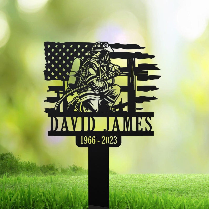 US Flag Firefighter Grave Marker Metal Garden Stakes Fireman Memorial Gifts Sympathy Gifts for Loss of Loved One