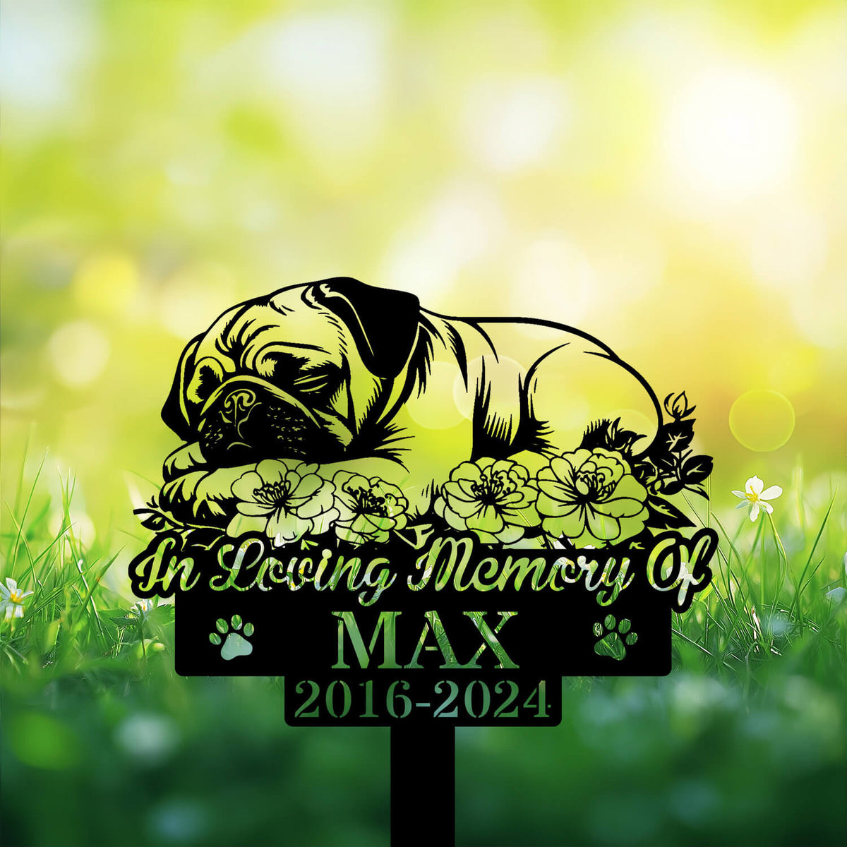 Personalized Pug Dog Grave Marker ��� Custom Sleeping Pug on Rose Garden Memorial Stake for Pet Loss