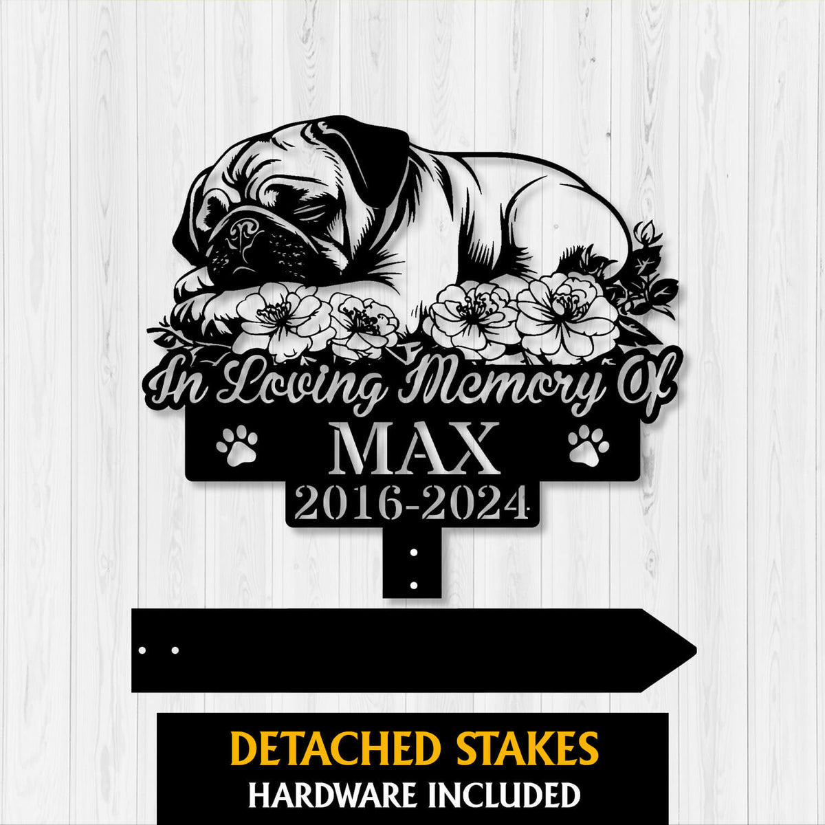 Personalized Pug Dog Grave Marker ��� Custom Sleeping Pug on Rose Garden Memorial Stake for Pet Loss