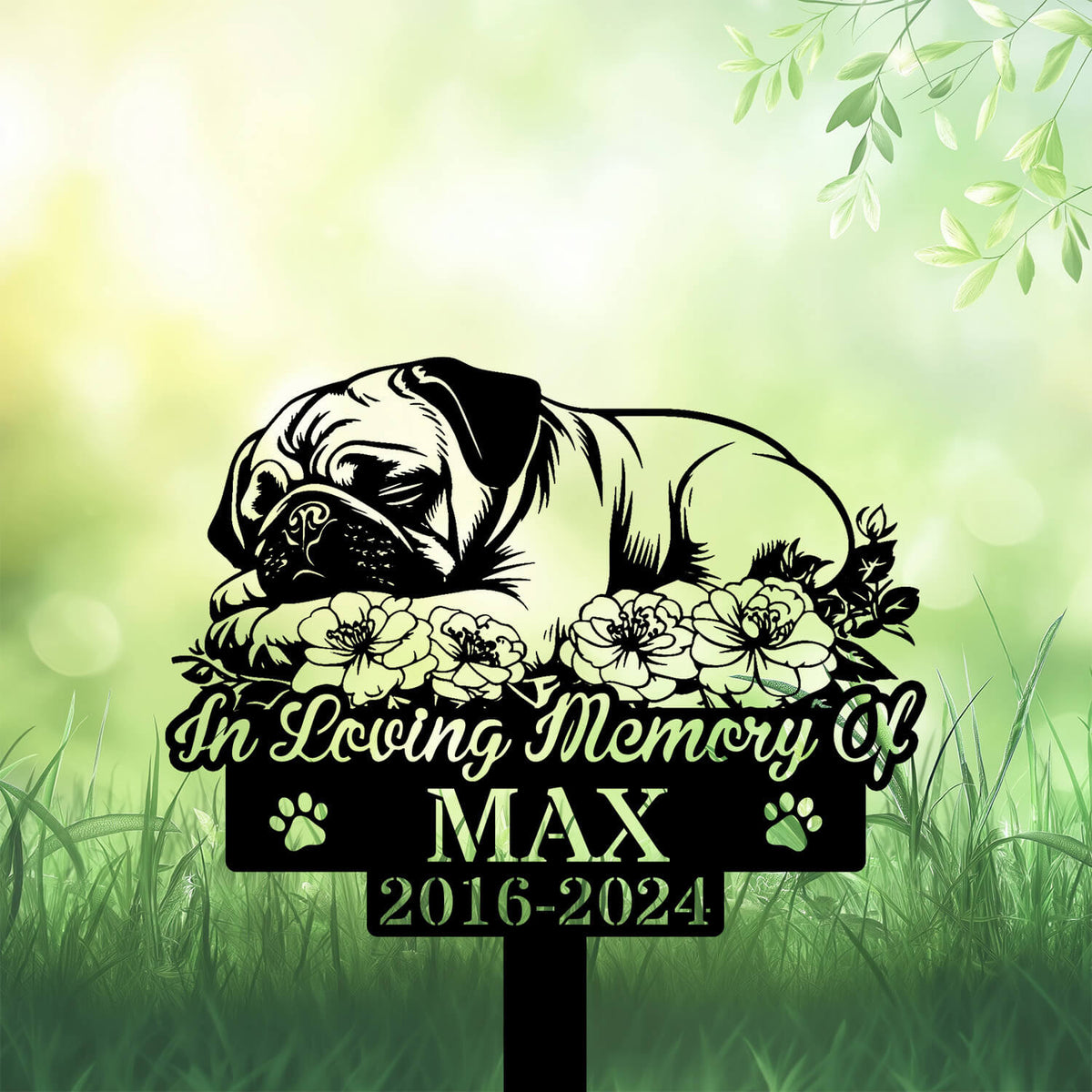 Personalized Pug Dog Grave Marker ��� Custom Sleeping Pug on Rose Garden Memorial Stake for Pet Loss