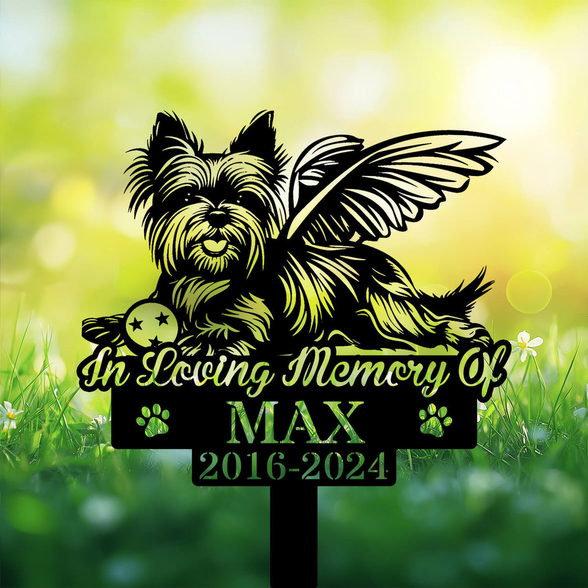 Personalized Yorkshire Terrier Grave Marker ��� Custom Angel Dog Memorial Stake with Ball for Pet Loss Tribute