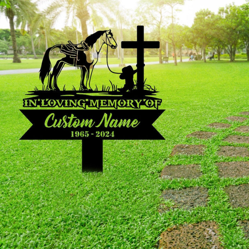 Personalized Praying cowboy Memorial Stake, Metal Stake, Remembrance Stake, Gift for lover horse, Home Gift