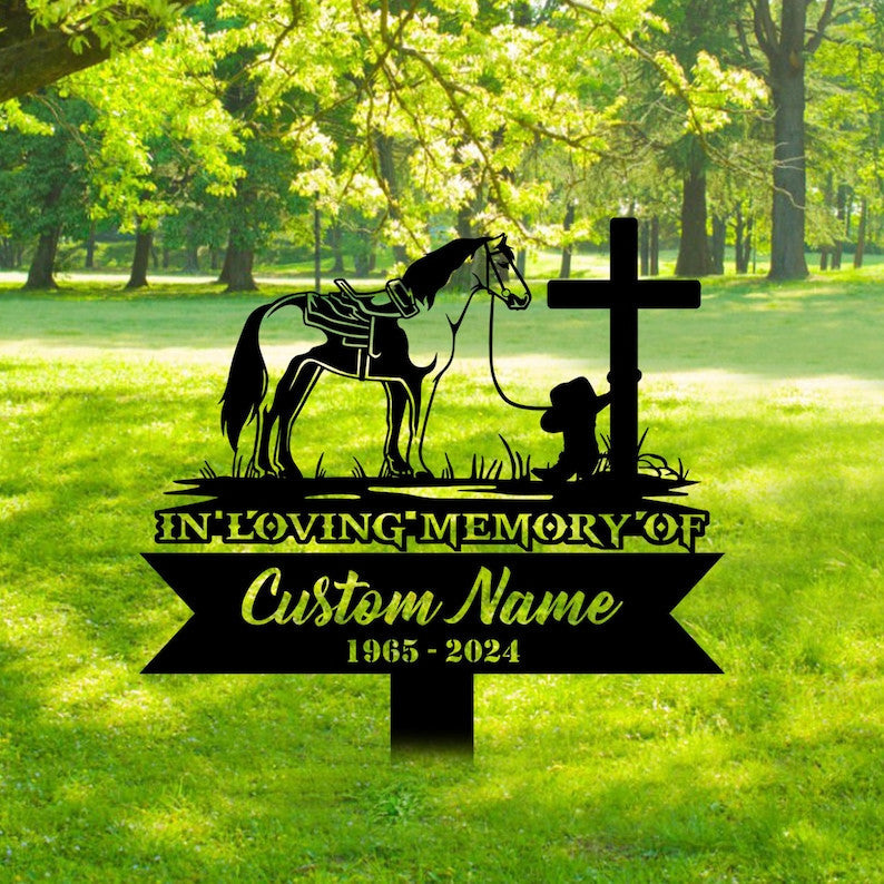 Personalized Praying cowboy Memorial Stake, Metal Stake, Remembrance Stake, Gift for lover horse, Home Gift
