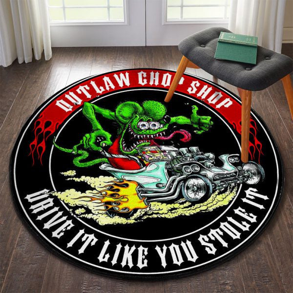 Outlaw Chop Shop Hot Rod Round Mat Round Floor Mat Room Rugs Carpet Outdoor Rug Washable Rugs