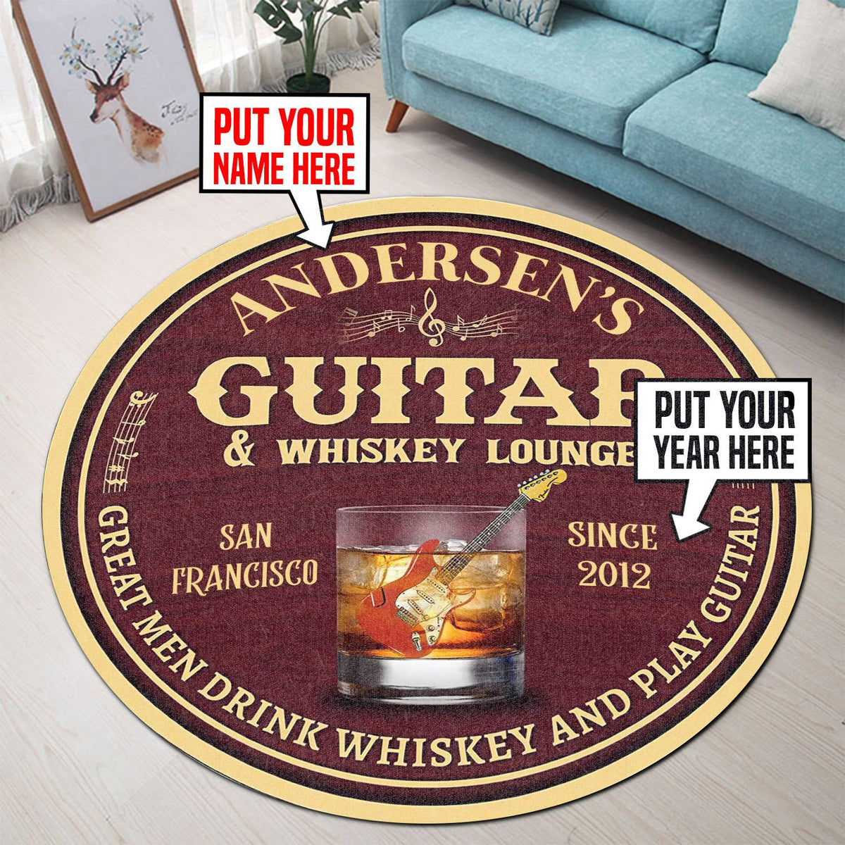 Personalized Guitar Whiskey Lounge Round Mat Round Floor Mat Room Rugs Carpet Outdoor Rug Washable Rugs
