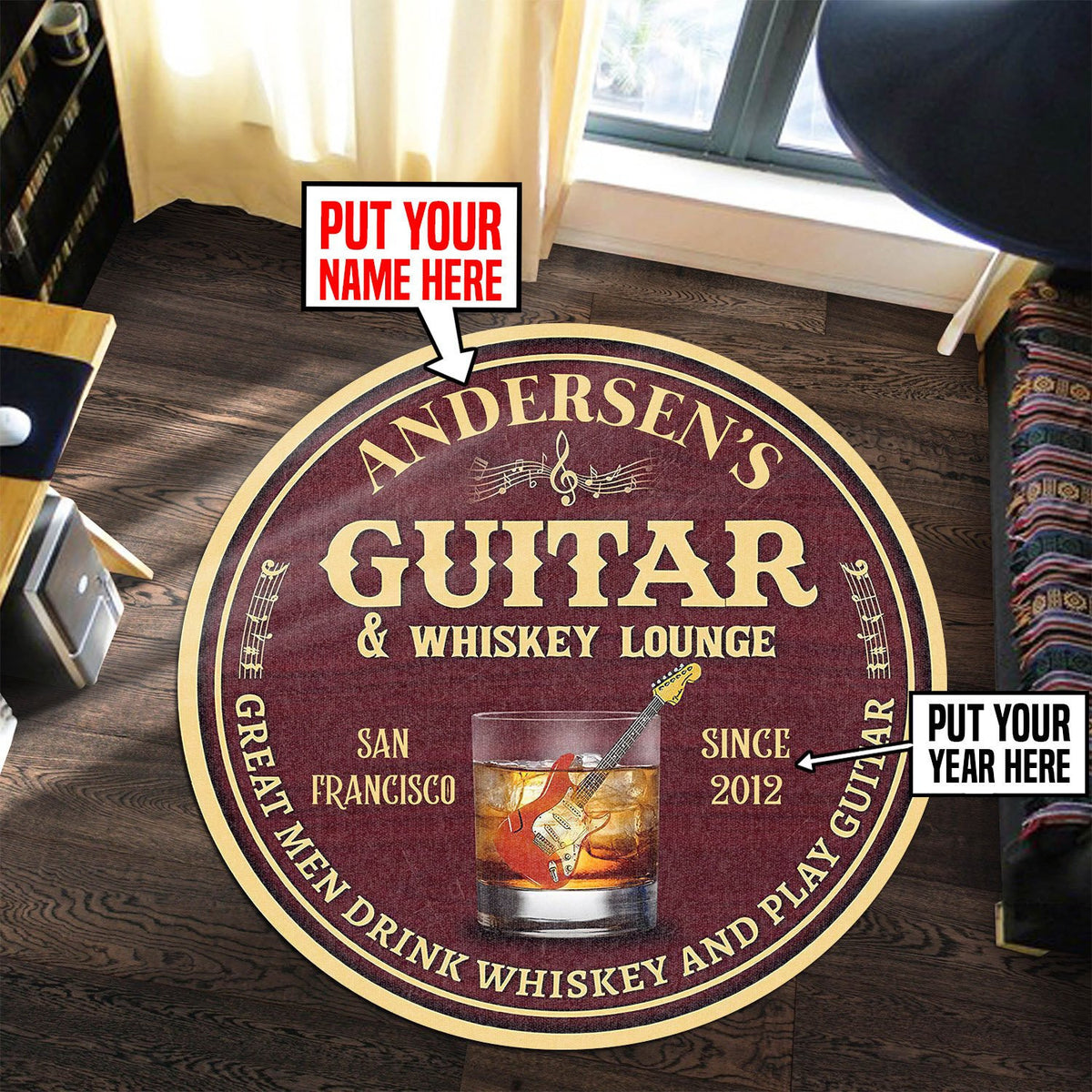 Personalized Guitar Whiskey Lounge Round Mat Round Floor Mat Room Rugs Carpet Outdoor Rug Washable Rugs