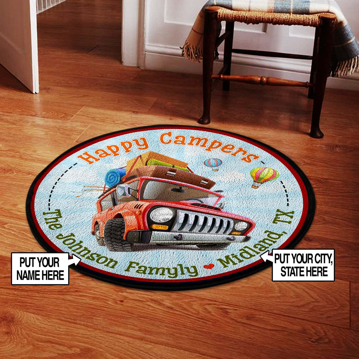 Personalized Happy Campers Round Rug, Carpet Living Room Round Mat Circle Rug Kitchen Rugs Round Rugs