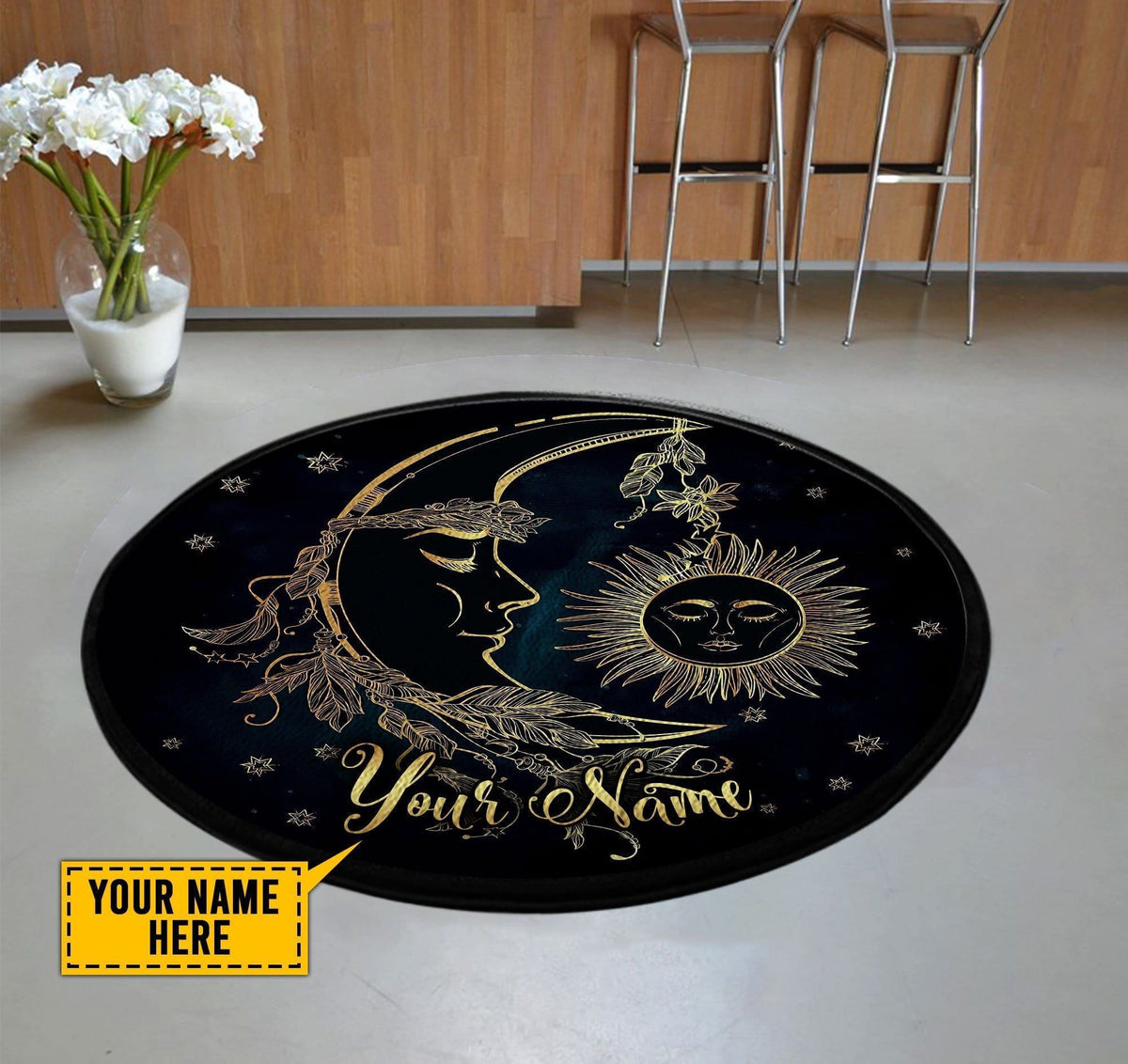 Hippie Sun & Moon Custom Name Round Rug Carpet Washable Rugs