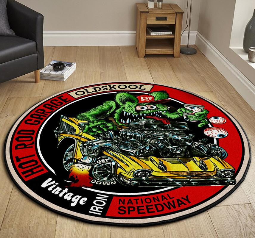 Hot Rod Garage Old Skool Round Mat Round Floor Mat Room Rugs Carpet Outdoor Rug Washable Rugs