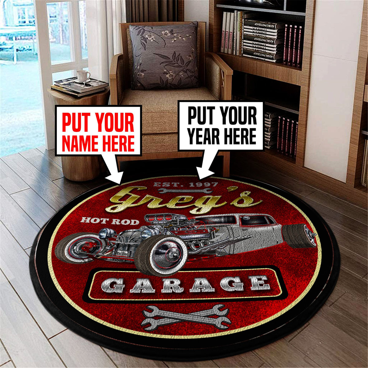 Personalized Hot Rod Garage Round Mat Round Floor Mat Room Rugs Carpet Outdoor Rug Washable Rugs