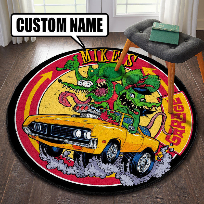 Personalized Hot Rod Garage Garage Decor, Home Bar Decor Speed Shop Round Mat