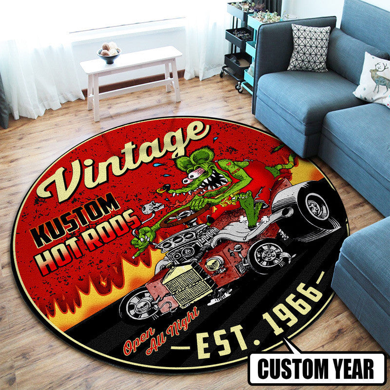 Personalized Vintage Kustom Hot Rod Round Mat Round Floor Mat Room Rugs Carpet Outdoor Rug Washable Rugs