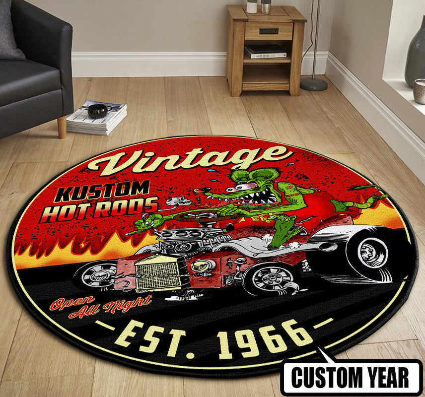 Personalized Vintage Kustom Hot Rod Round Mat Round Floor Mat Room Rugs Carpet Outdoor Rug Washable Rugs