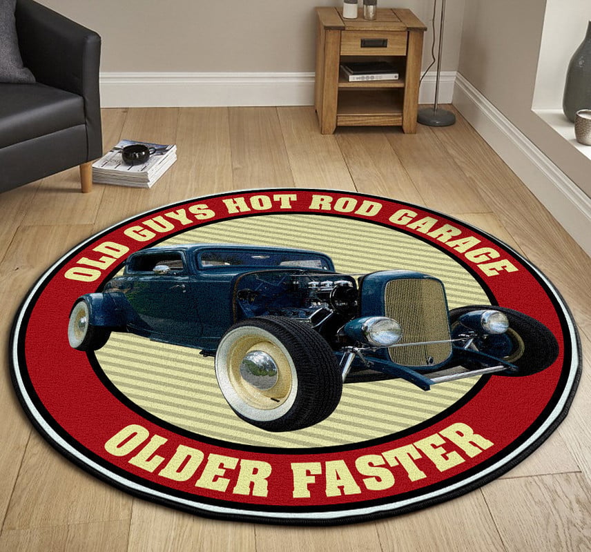 Old Guys Garage Hot Rod Round Mat Round Floor Mat Room Rugs Carpet Outdoor Rug Washable Rugs