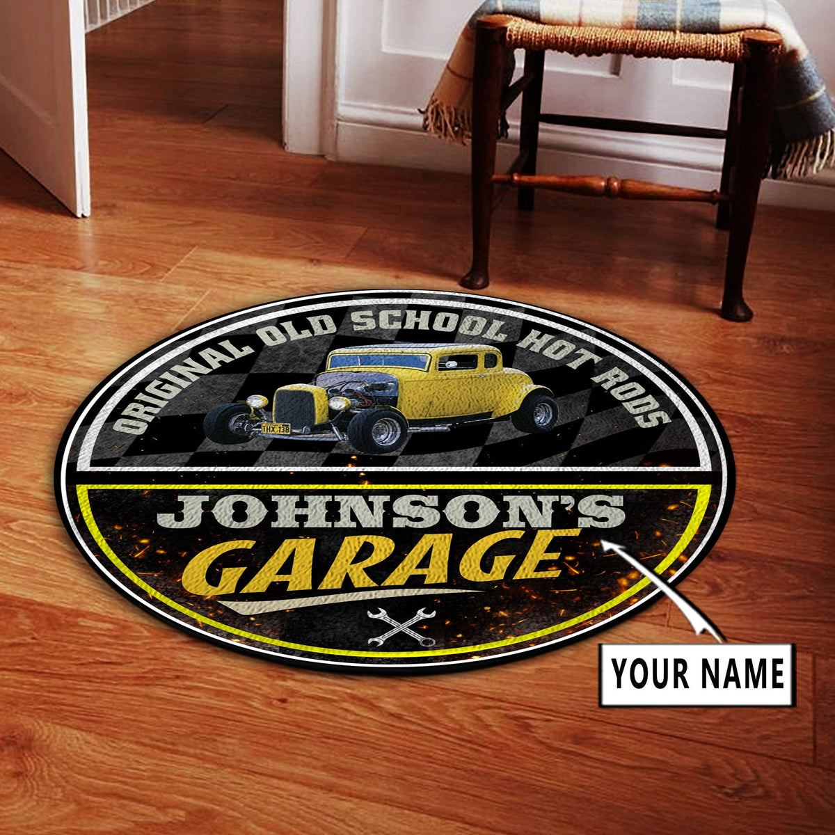 Personalized Hot Rod Garage Round Rug, Carpet Living Room Round Mat Circle Rug Kitchen Rugs Round Rugs