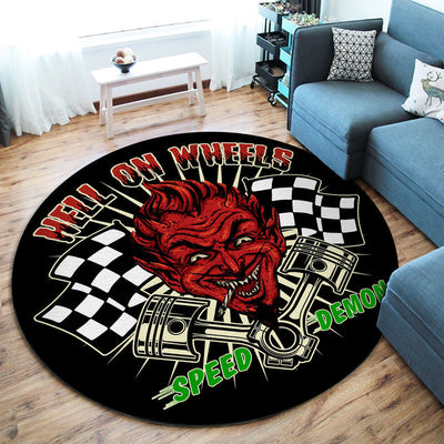Hell On Wheels Speed Demon Garage Decor, Home Bar Decor Hot Rod Round Mat