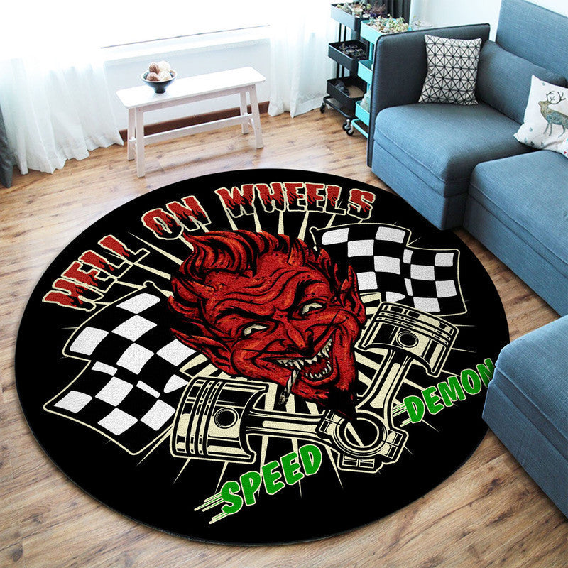 Hell On Wheels Speed Demon Garage Decor, Home Bar Decor Hot Rod Round Mat