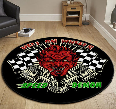 Hell On Wheels Speed Demon Garage Decor, Home Bar Decor Hot Rod Round Mat