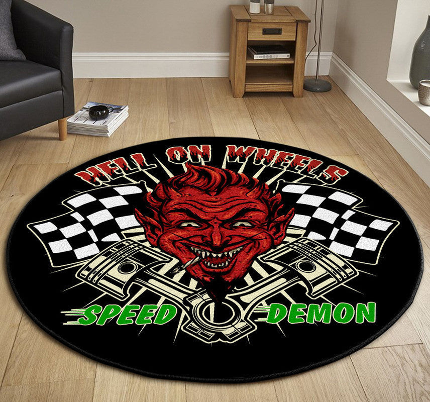Hell On Wheels Speed Demon Garage Decor, Home Bar Decor Hot Rod Round Mat