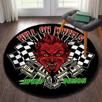 Hell On Wheels Speed Demon Garage Decor, Home Bar Decor Hot Rod Round Mat