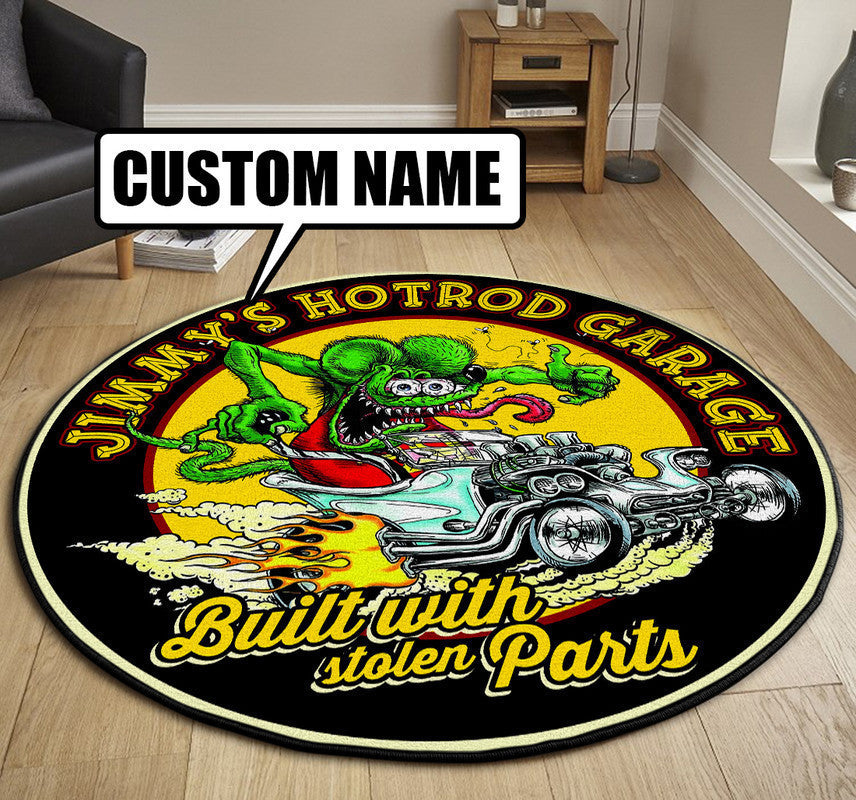 Personalized Hot Rod Garage Build With Stolen Parts Round Mat Round Floor Mat Room Rugs Carpet Outdoor Rug Washable Rugs