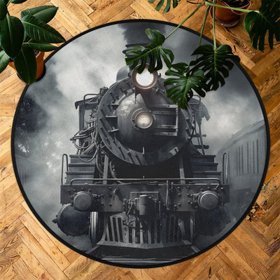 Vintage Locomotive Train Black Printed Round Mat