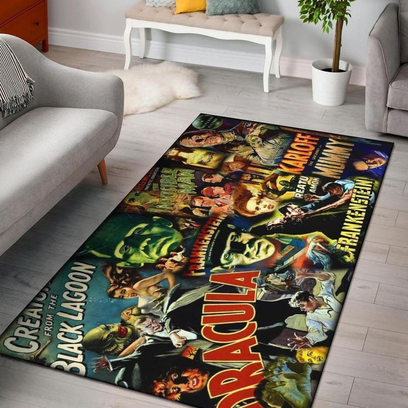 Vintage Movie Monsters Area Rug Carpet Halloween Dracula Frankenstein Creature From The Black Lagoon Mummy Carpet