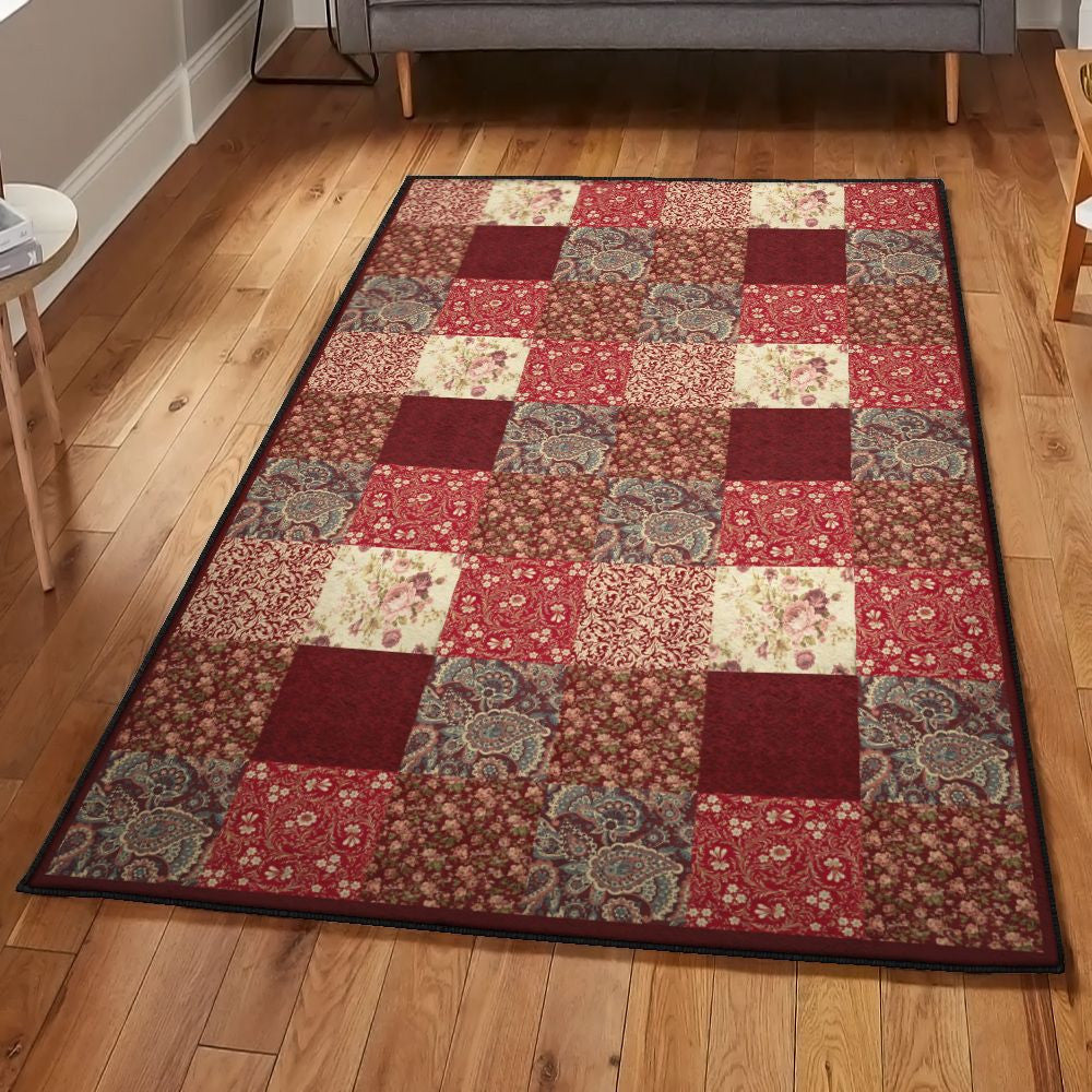 Floral Bedroom Rugs Cranberry Floral Patchwork Rug Rectangle Rugs Washable Area Rug Non-Slip Carpet For Living Room Bedroom