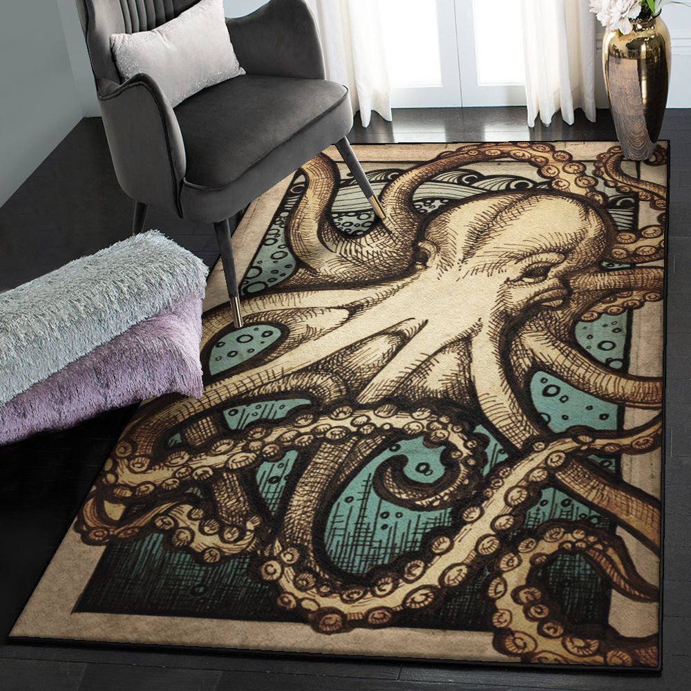 Antique Large Octopus Vintage Art Rug Rectangle Rugs Washable Area Rug Non-Slip Carpet For Living Room Bedroom