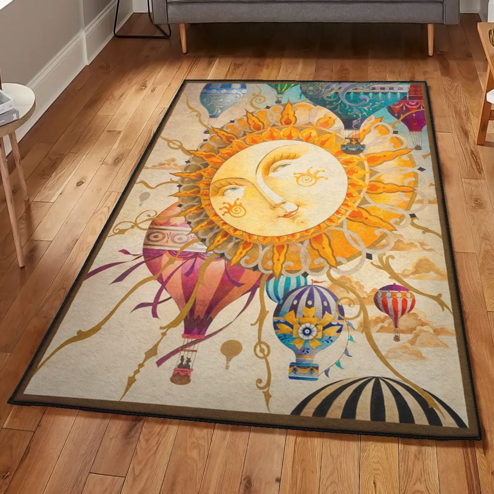 Ballooning Art Deco Rug Sun And Hot Air Balloon Rug Rectangle Rugs Washable Area Rug Non-Slip Carpet For Living Room Bedroom