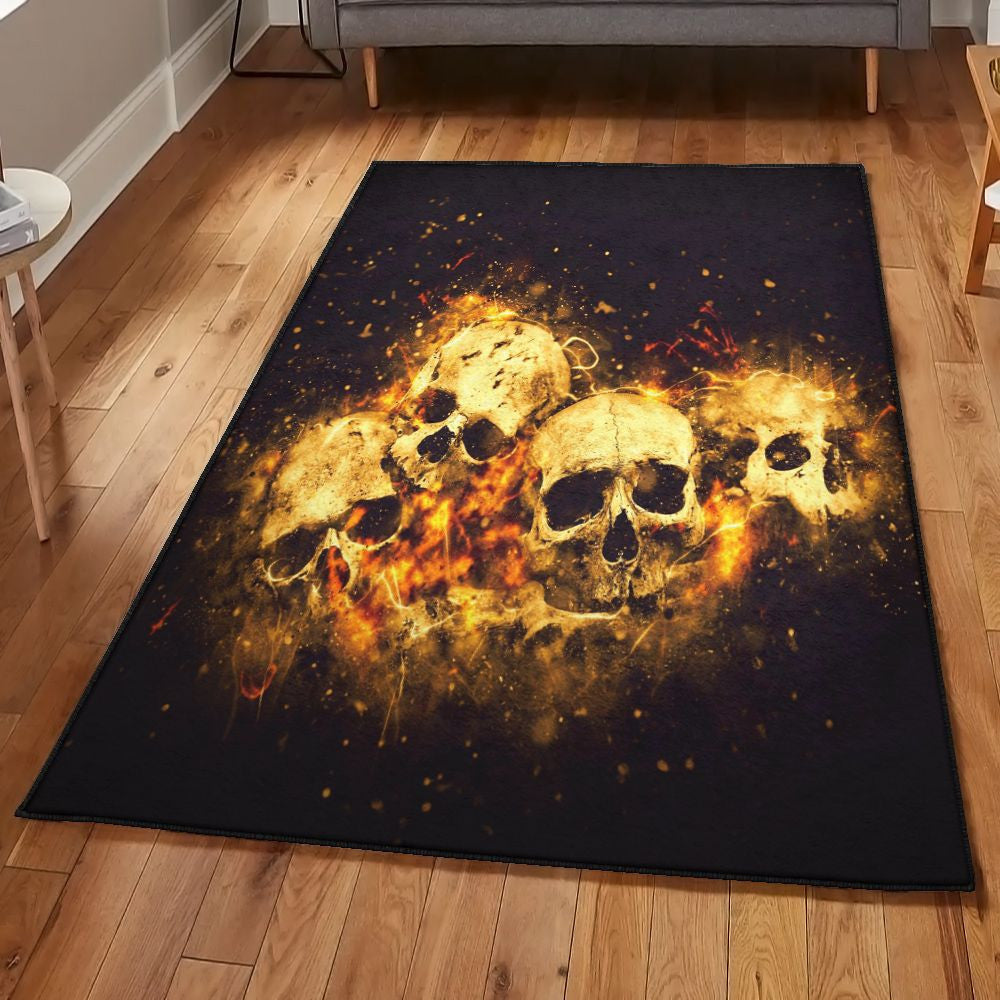 Fire Washable Rugs Skull Art Fire Rug Rectangle Rugs Washable Area Rug Non-Slip Carpet For Living Room Bedroom