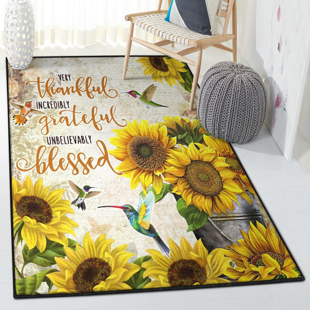 Flower Modern Hummingbird Sunflower Thankful Grateful And Blessed Rug Rectangle Rugs Washable Area Rug Non-Slip Carpet For Living Room Bedroom