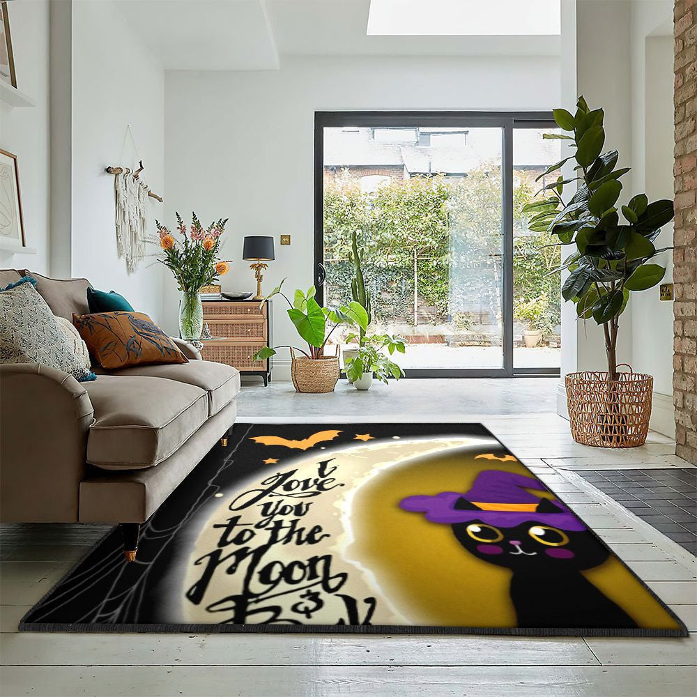 Half Moon Carpet Black Cat Halloween Love You To The Moon Back Rug Rectangle Rugs Washable Area Rug Non-Slip Carpet For Living Room Bedroom