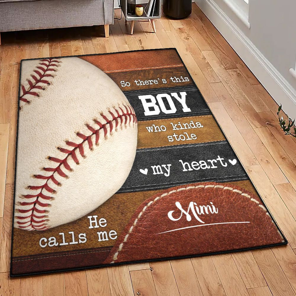 Baseball America Modern This Boy Stole My Heart He Calls Me Mimi Baseball Rug Rectangle Rugs Washable Area Rug Non-Slip Carpet For Living Room Bedroom