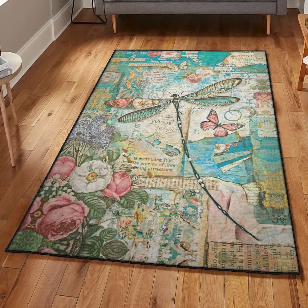 Butterfly Large Dragonfly Butterfly Rose Rug Rectangle Rugs Washable Area Rug Non-Slip Carpet For Living Room Bedroom