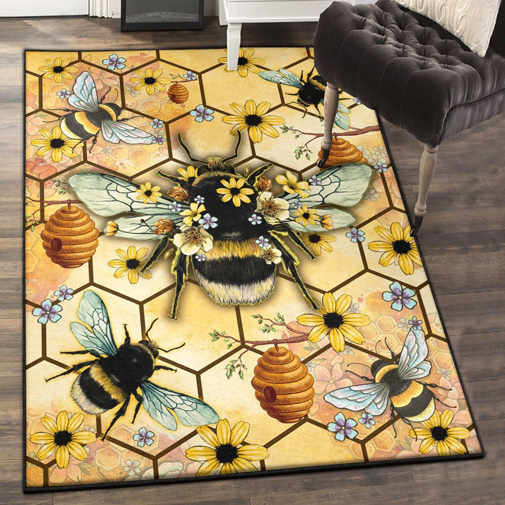 Floral Playroom Rug Bees Flower Rug Rectangle Rugs Washable Area Rug Non-Slip Carpet For Living Room Bedroom