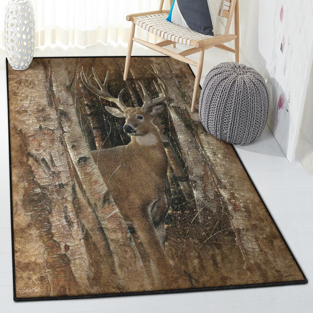 Deer Hunting Season Washable Rugs Birchwood Buck Deer Rug Rectangle Rugs Washable Area Rug Non-Slip Carpet For Living Room Bedroom