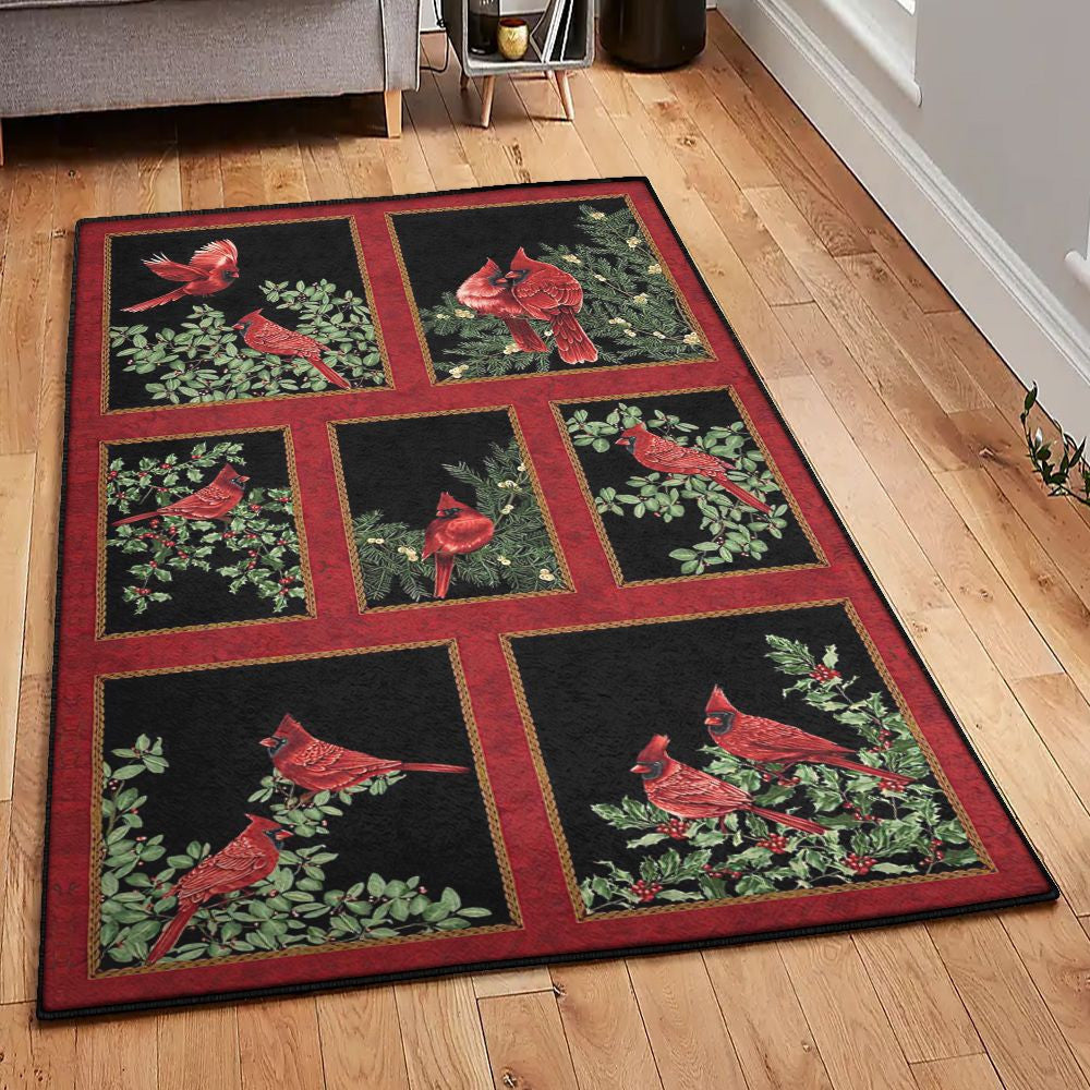 Christmas Washable Rugs Cardinals Birds Christmas Rug Rectangle Rugs Washable Area Rug Non-Slip Carpet For Living Room Bedroom