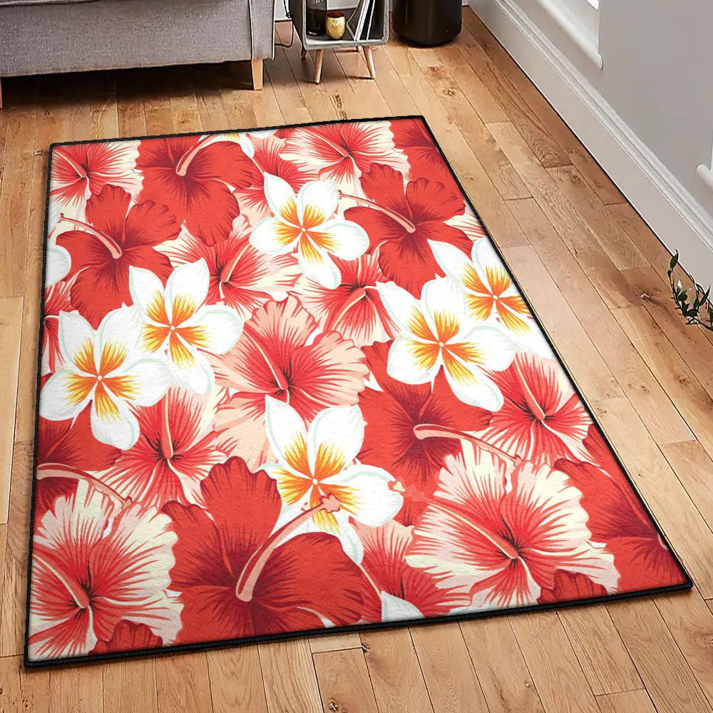 Tropical Beach Kitchen Rugs Hawaiian Floral Tropical Flower Red Hibiscus Rug Rectangle Rugs Washable Area Rug Non-Slip Carpet For Living Room Bedroom