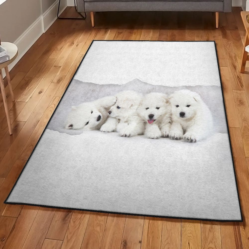 White Puppies Rug Rectangle Rugs Washable Area Rug Non-Slip Carpet For Living Room Bedroom
