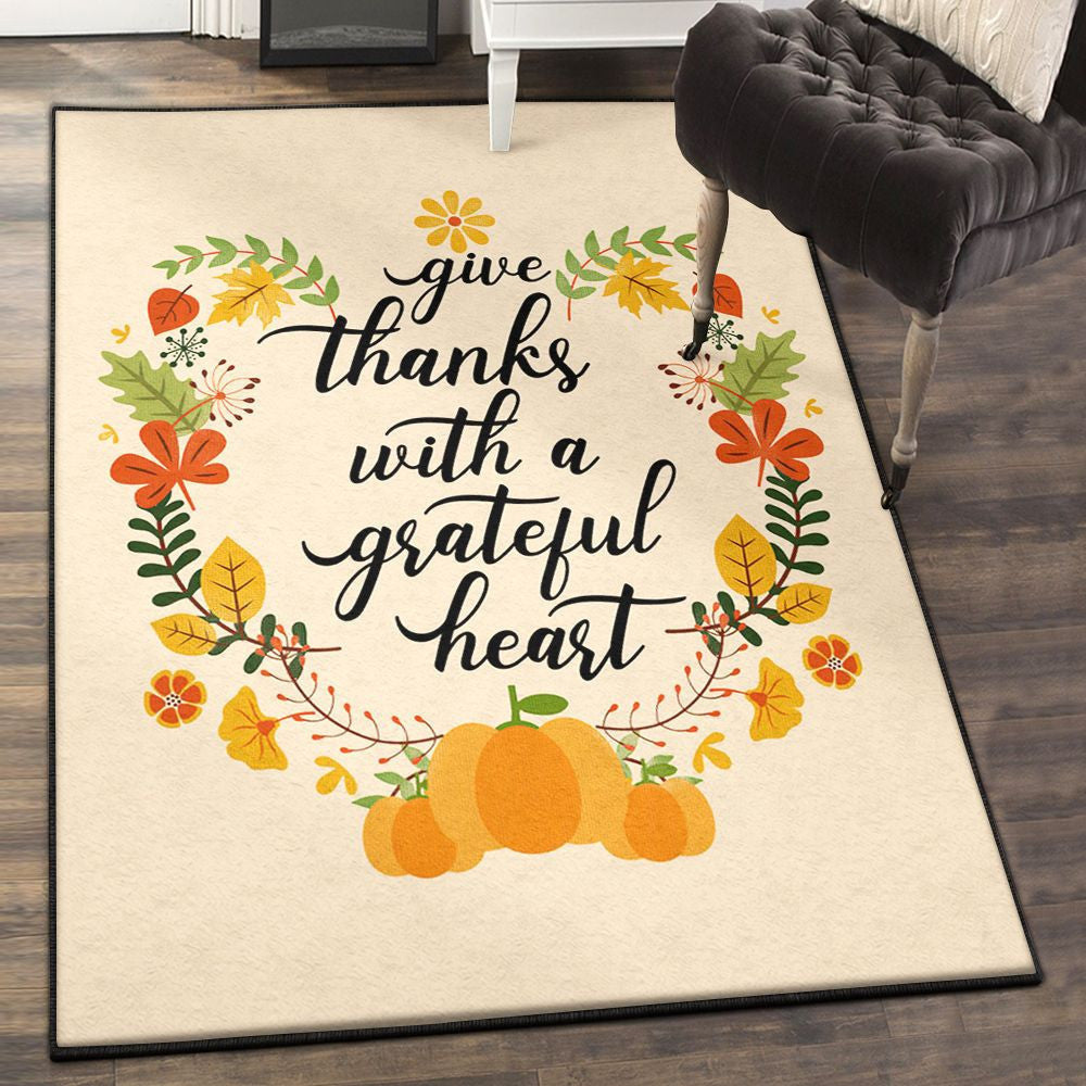 Thanksgiving Washable Rugs Give Thanks With A Grateful Heart Thanksgiving Rug Rectangle Rugs Washable Area Rug Non-Slip Carpet For Living Room Bedroom