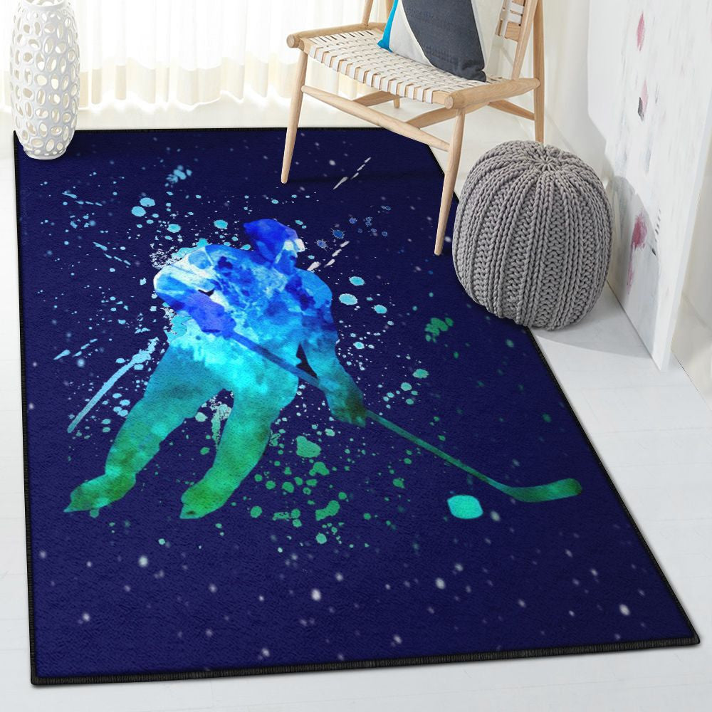Watercolor Texture Hockey Blue Watercolor Rug Rectangle Rugs Washable Area Rug Non-Slip Carpet For Living Room Bedroom